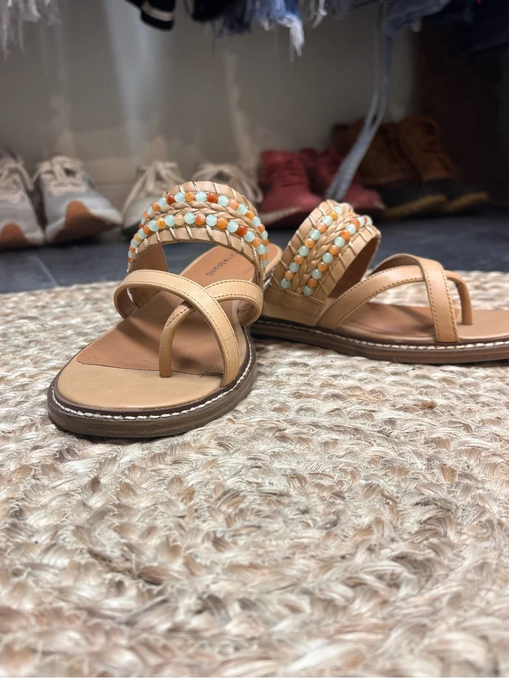 Lucky Brand Tan Beaded Leather Slide Sandals - Picture 1 of 7